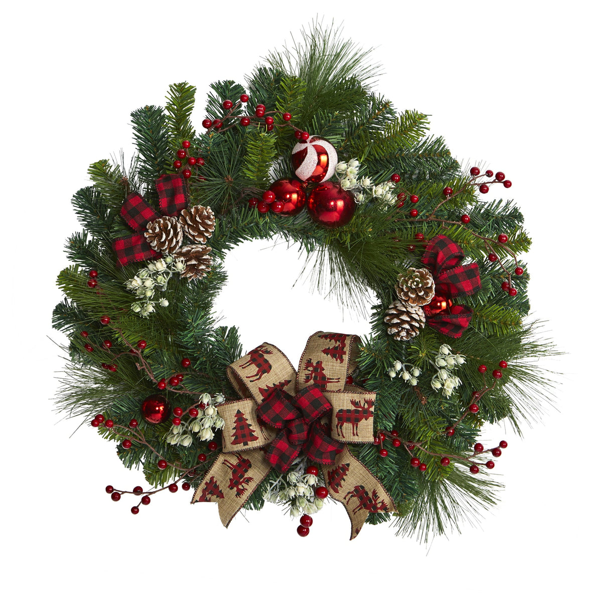 24" Christmas Pine Wreath with Pine Cones and Ornaments