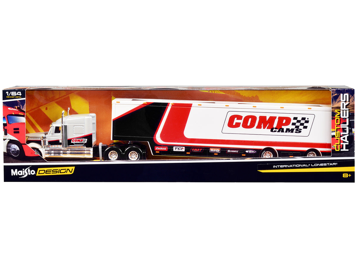 Maisto International LoneStar Enclosed Car Transporter "Comp Cams" White and Black with Stripes "Custom Haulers" Series 1/64 Diecast Model by Maisto