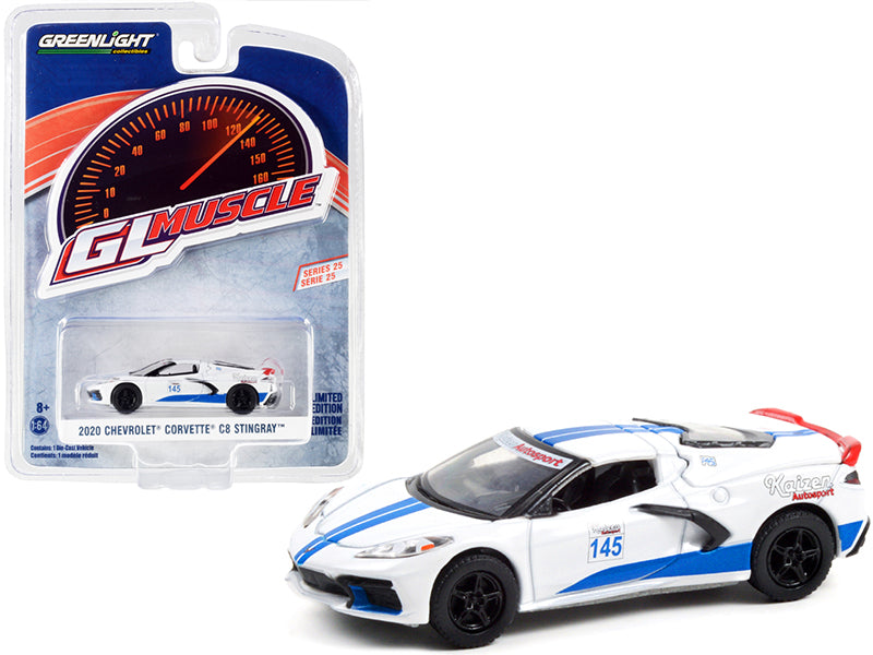 Greenlight 2020 Chevrolet Corvette C8 Stingray #145 White with Blue Stripes "Greenlight Muscle" Series 25 1/64 Diecast Model Car by Greenlight