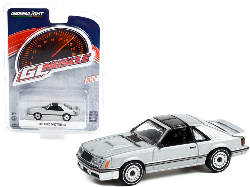 Greenlight 1982 Ford Mustang GT 5.0 Silver Metallic with Black Stripes "Greenlight Muscle" Series 26 1/64 Diecast Model Car by Greenlight