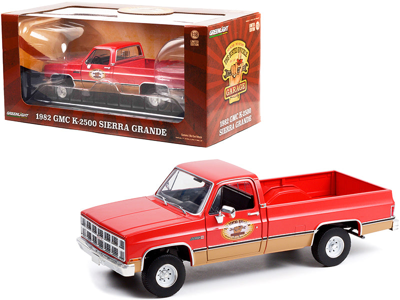 Greenlight 1982 GMC K-2500 Sierra Grande Wideside Pickup Truck with Trailer Hitch Red "Busted Knuckle Garage" 1/18 Diecast Model Car by Greenlight