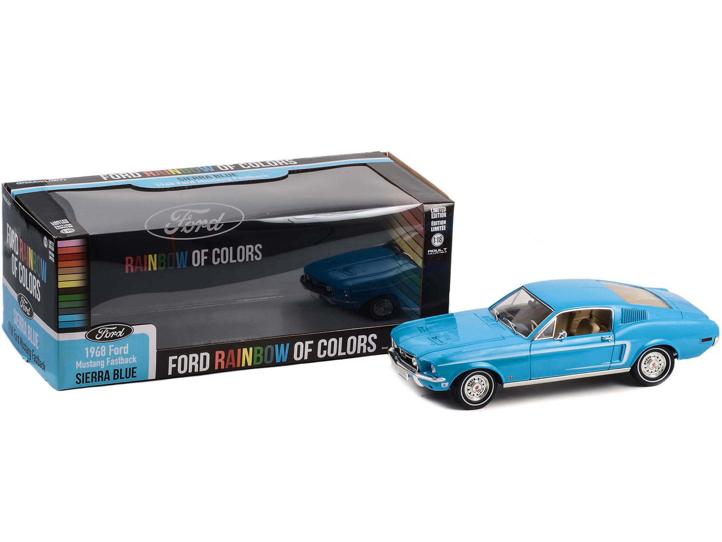 Greenlight 1968 Ford Mustang Fastback Sierra Blue "Ford Rainbow Of Colors - West Coast USA Special Edition Mustang" 1/18 Diecast Car Model by Greenlight
