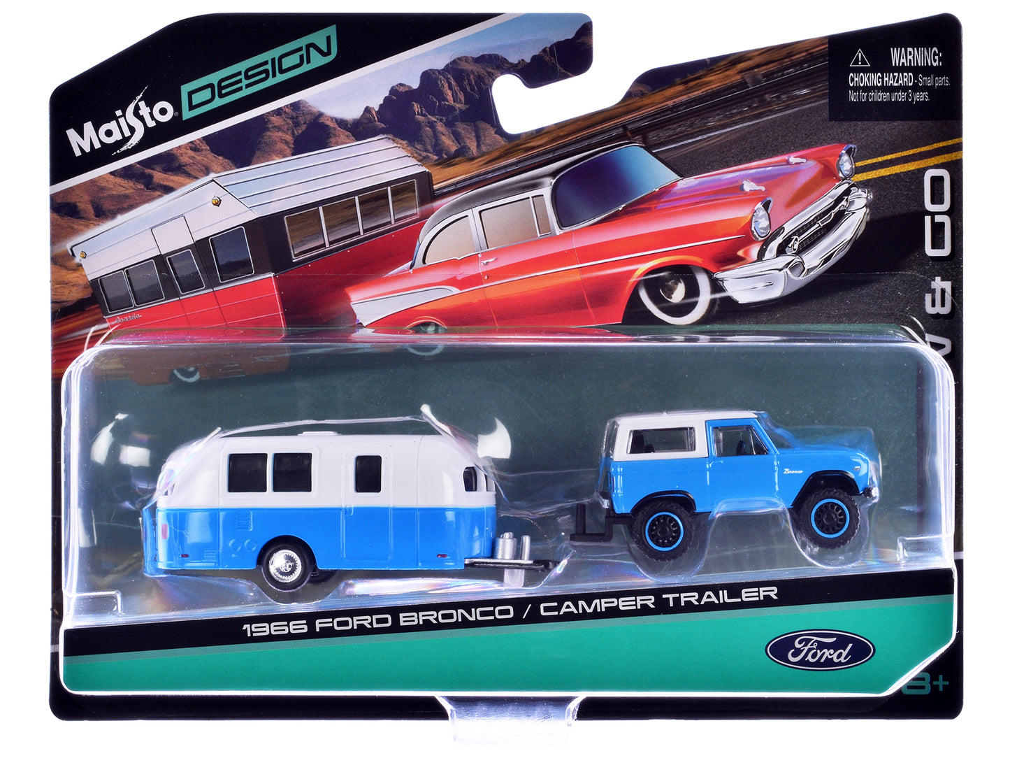 Maisto 1966 Ford Bronco Blue with White Top and Camper Trailer Blue and White "Tow & Go" Series 1/64 Diecast Model Car by Maisto