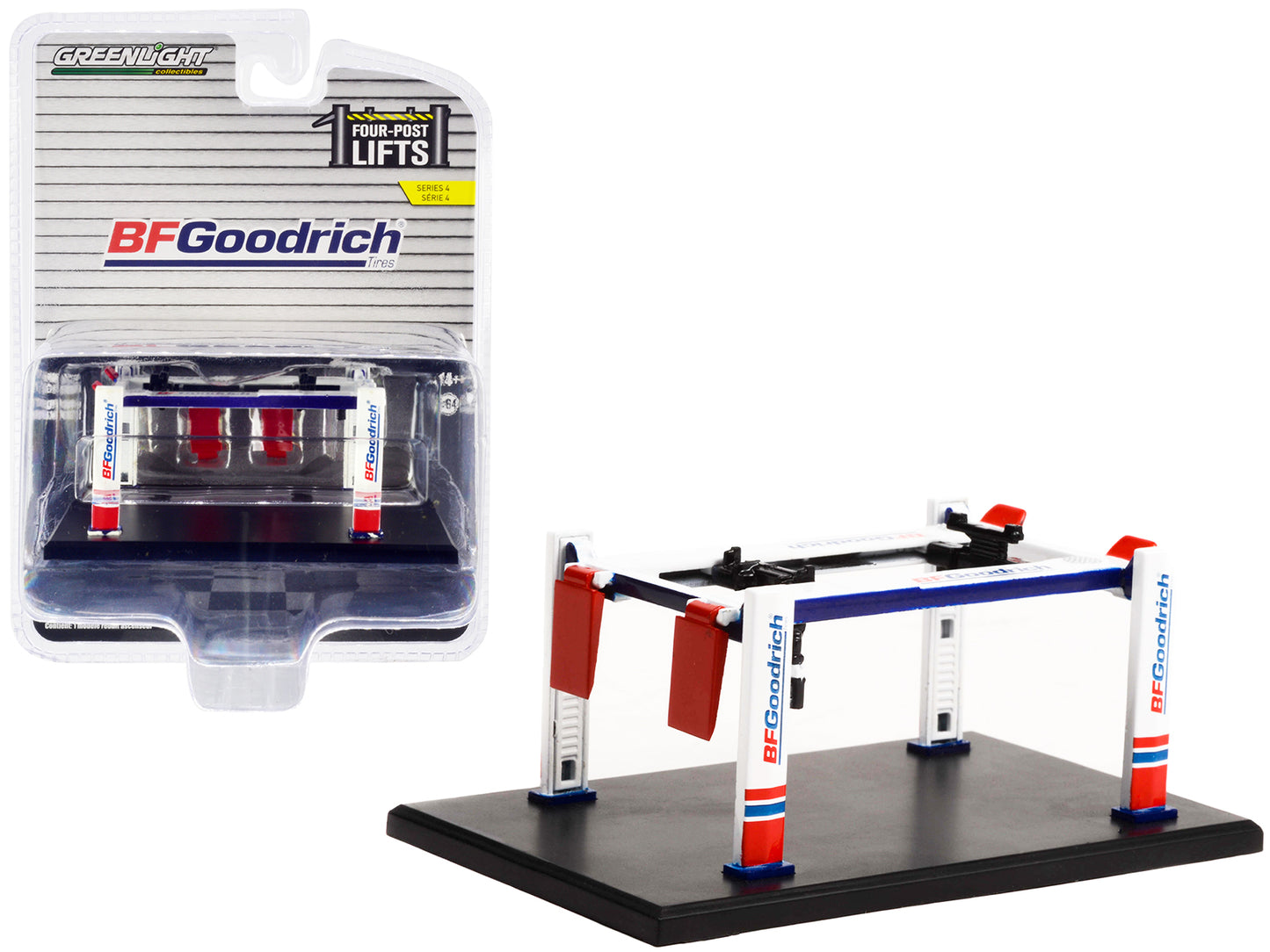 Greenlight Adjustable Four-Post Lift "BFGoodrich" White and Red "Four-Post Lifts" "Four-Post Lifts" Series 4 1/64 Diecast Model by Greenlight