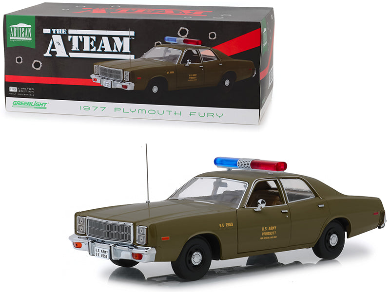 Greenlight 1977 Plymouth Fury U.S. Army Police Army Green "The A-Team" (1983-1987) TV Series 1/18 Diecast Model Car by Greenlight