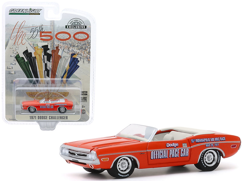 Greenlight 1971 Dodge Challenger Convertible Official Pace Car Orange "55th Indianapolis 500 Mile Race" "Hobby Exclusive" 1/64 Diecast Model Car by Greenlight
