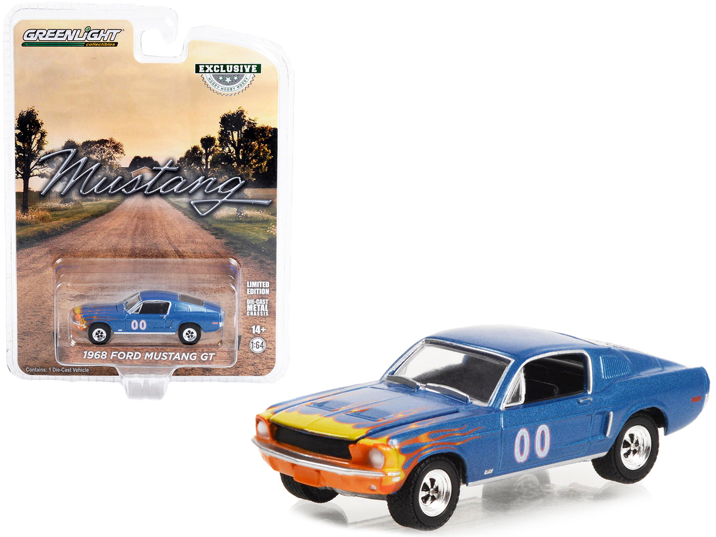 Greenlight 1968 Ford Mustang GT Fastback #00 Blue Metallic with Flames Graphics "Hobby Exclusive" Series 1/64 Diecast Model Car by Greenlight