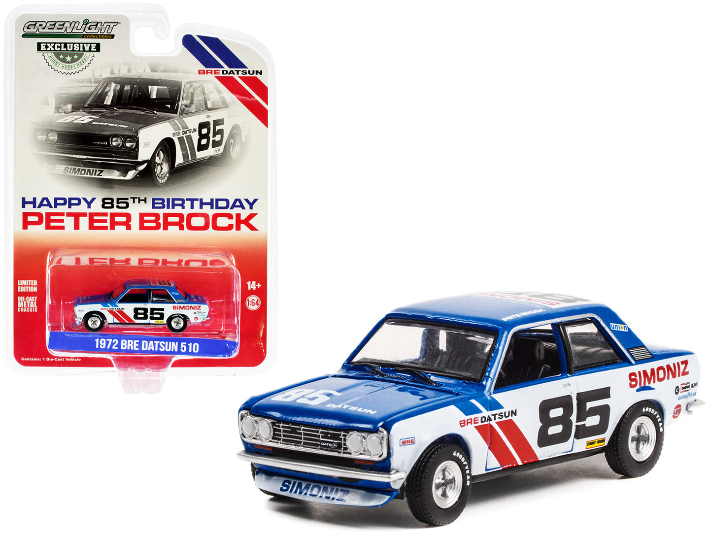 Greenlight 1972 Datsun 510 #85 BRE (Brock Racing Enterprises) "Happy 85th Birthday Peter Brock" "Hobby Exclusive" 1/64 Diecast Model Car by Greenlight