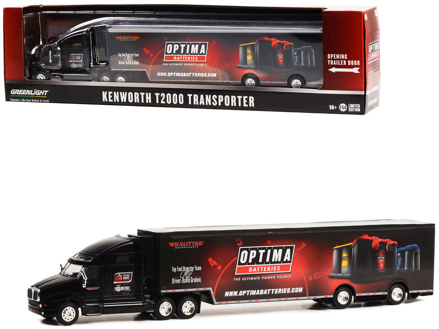 Greenlight Kenworth T2000 Transporter Black "OPTIMA Batteries: The Ultimate Power Source" "Hobby Exclusive" Series 1/64 Diecast Model by Greenlight