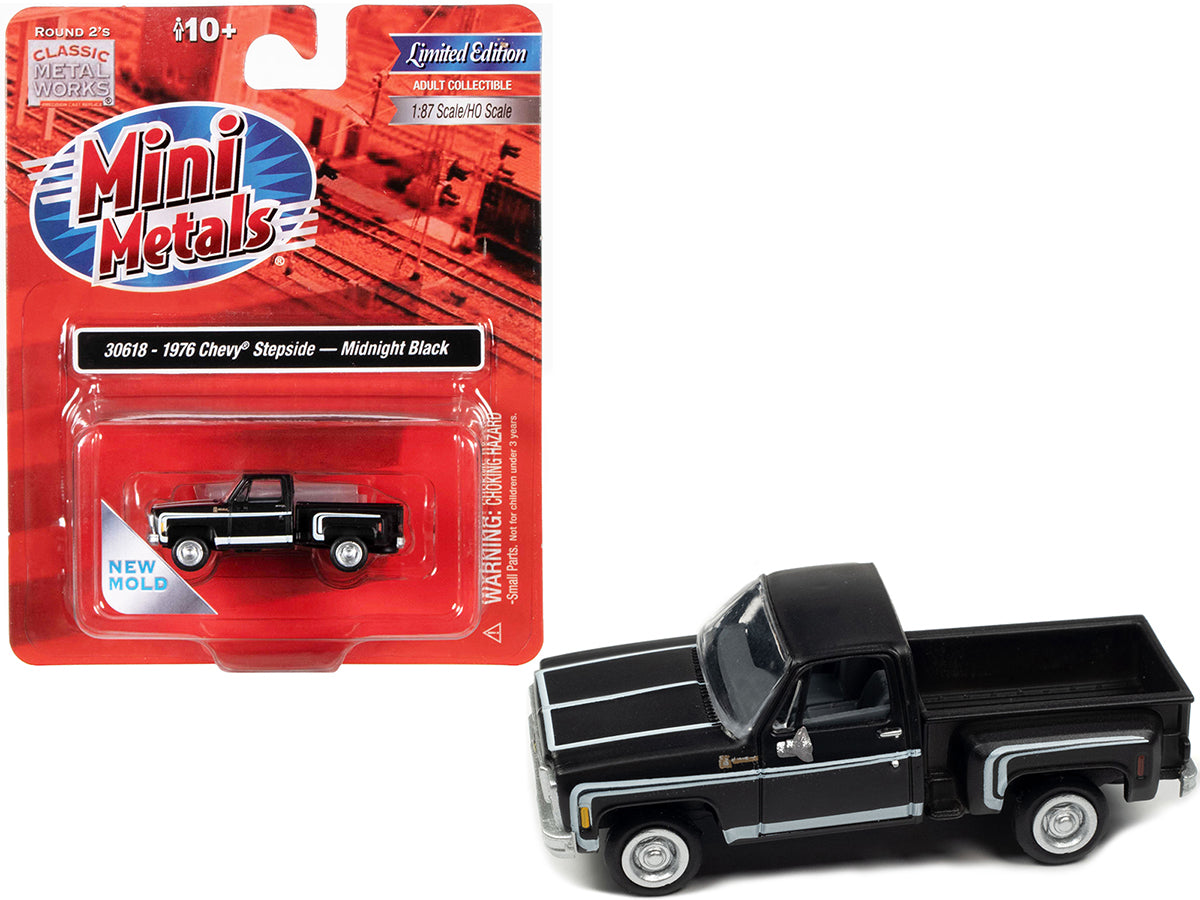 Classic Metal Works 1976 Chevrolet Stepside Pickup Truck Midnight Black with White Stripes 1/87 (HO) Scale Model Car by Classic Metal Works