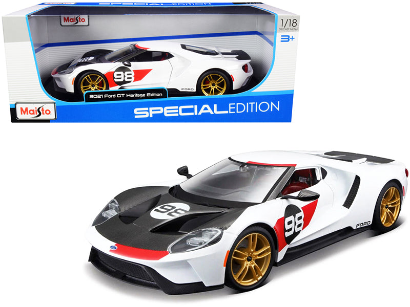 Maisto 2021 Ford GT #98 White "Heritage Edition" 1/18 Diecast Model Car by Maisto