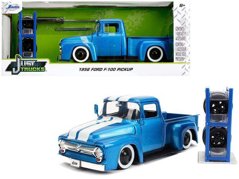 Jada 1956 Ford F-100 Pickup Truck Blue Metallic with White Stripes and Extra Wheels "Just Trucks" Series 1/24 Diecast Model Car by Jada