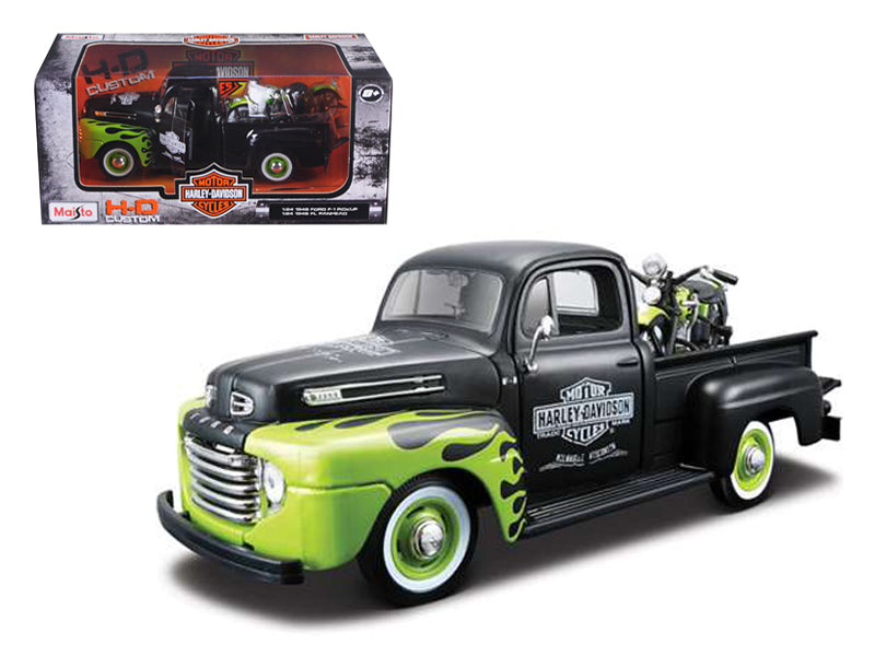 Maisto 1948 Ford F-1 Pickup Truck "Harley Davidson" with 1948 Harley Davidson FL Panhead Motorcycle Black and Green 1/24 Diecast Models by Maisto
