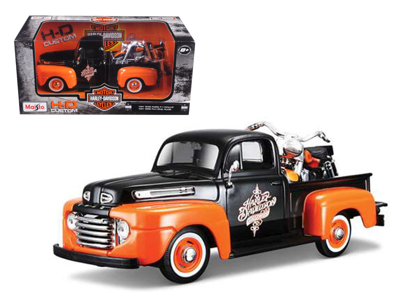 Maisto 1948 Ford F-1 Pickup Truck with 1958 Harley Davidson FLH Duo Glide Motorcycle Orange and Black 1/24 Diecast Models by Maisto