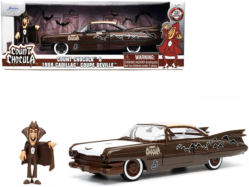 Jada 1959 Cadillac Coupe DeVille Brown and White with Graphics and Count Chocula Diecast Figurine "Hollywood Rides" Series 1/24 Diecast Model Car by Jada