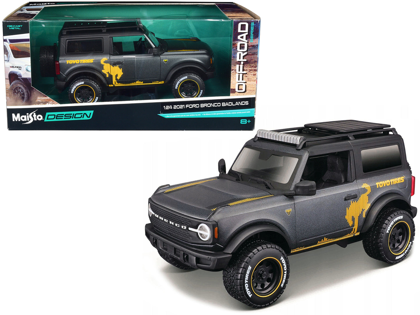 Maisto 2021 Ford Bronco Badlands Dark Gray Metallic with Gold Graphics and Roof Rack "Off-Road" "Maisto Design" Series 1/24 Diecast Model Car by Maisto