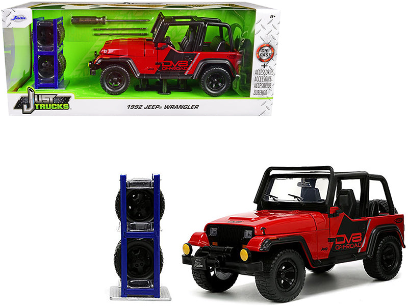 Jada 1992 Jeep Wrangler DV8 Off-Road Red with Matt Black Stripes with Extra Wheels "Just Trucks" Series 1/24 Diecast Model Car by Jada