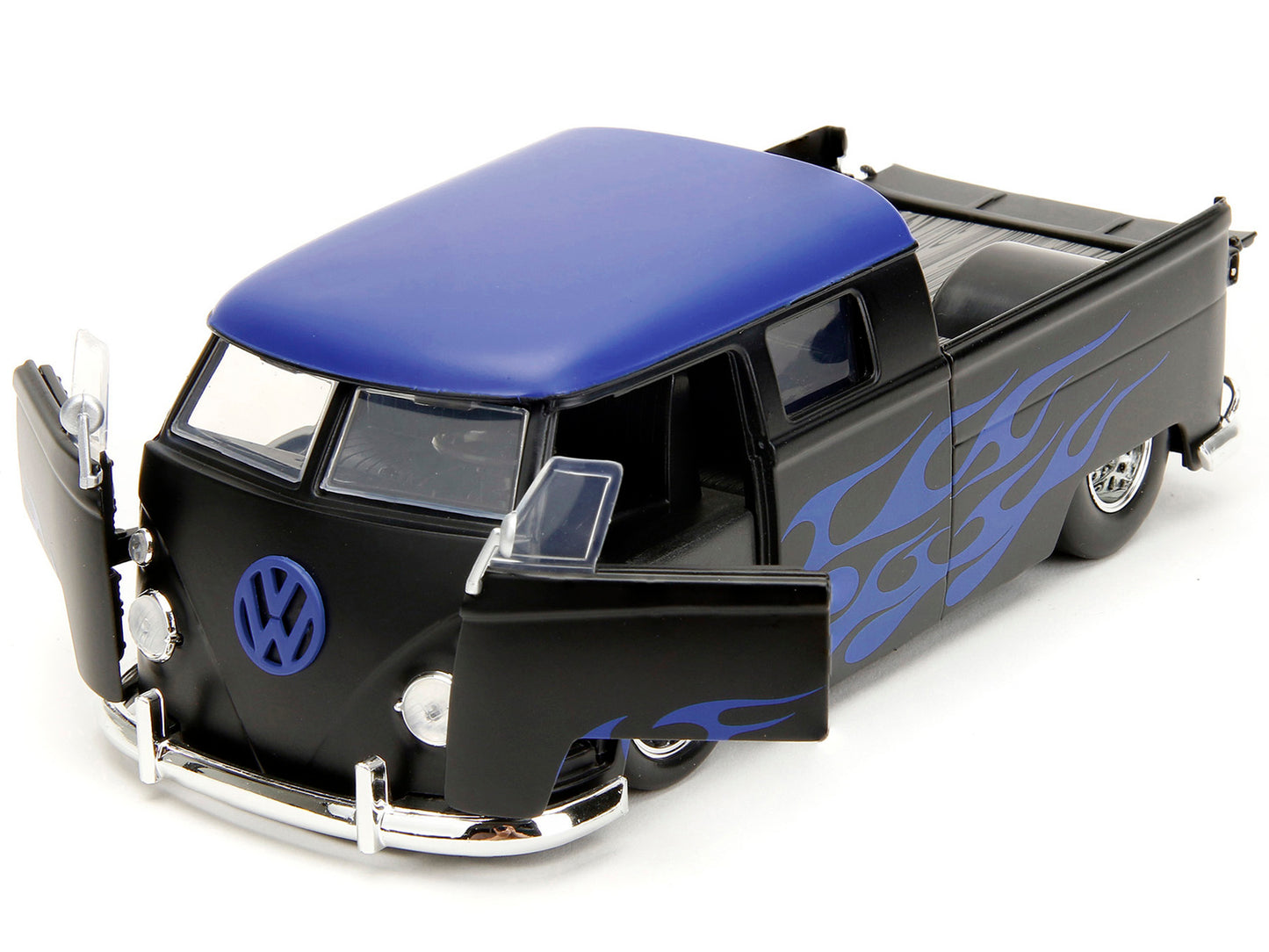 Jada 1963 Volkswagen Bus Pickup Truck Matt Black with Matt Blue Top and Flames Graphics "Punch Buggy" Series 1/24 Diecast Model Car by Jada