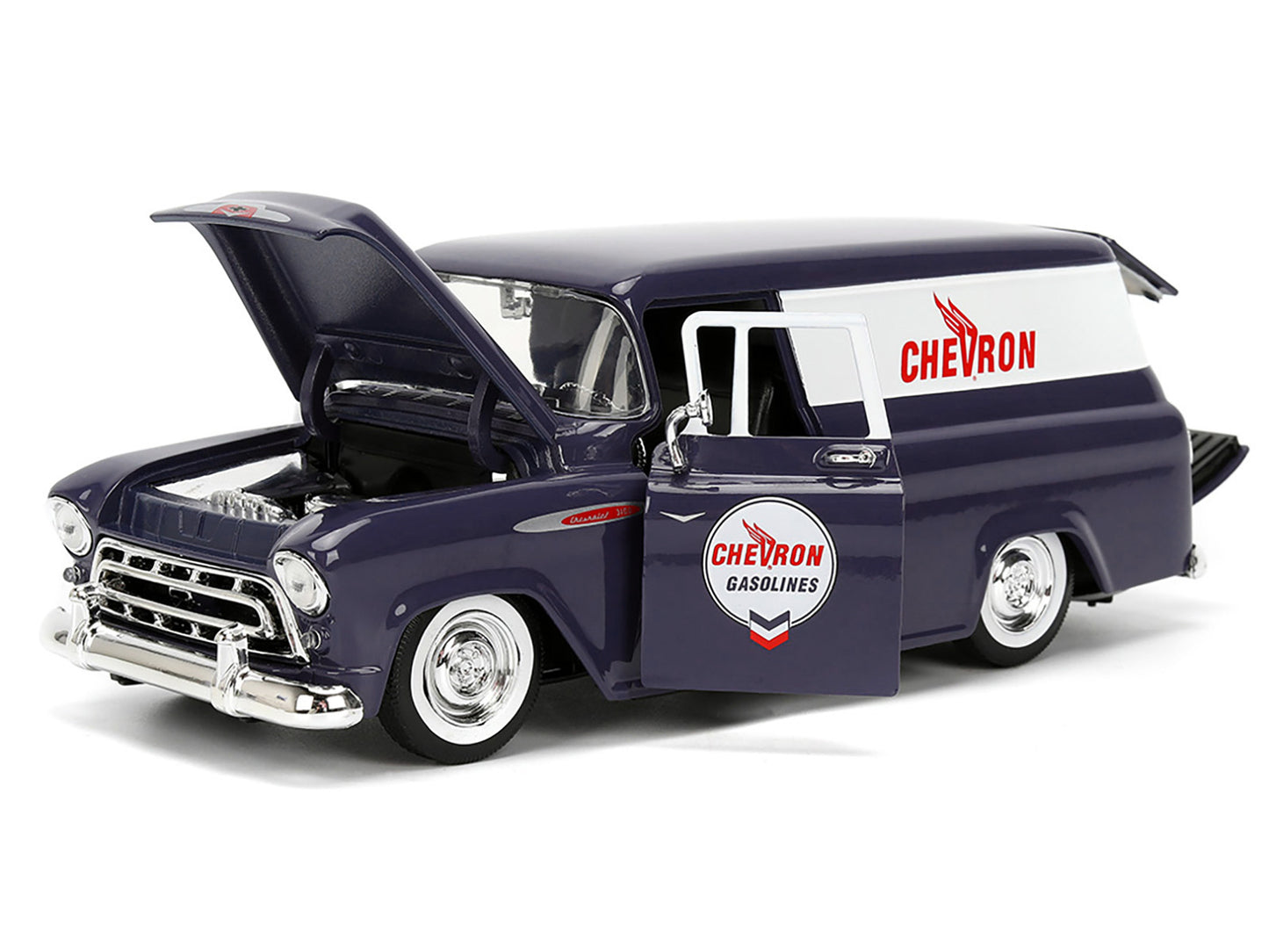 Jada 1957 Chevrolet Suburban "Chevron" Dark Blue with White Stripes and Chevron Gas Pump "Just Trucks" Series 1/24 Diecast Model Car by Jada