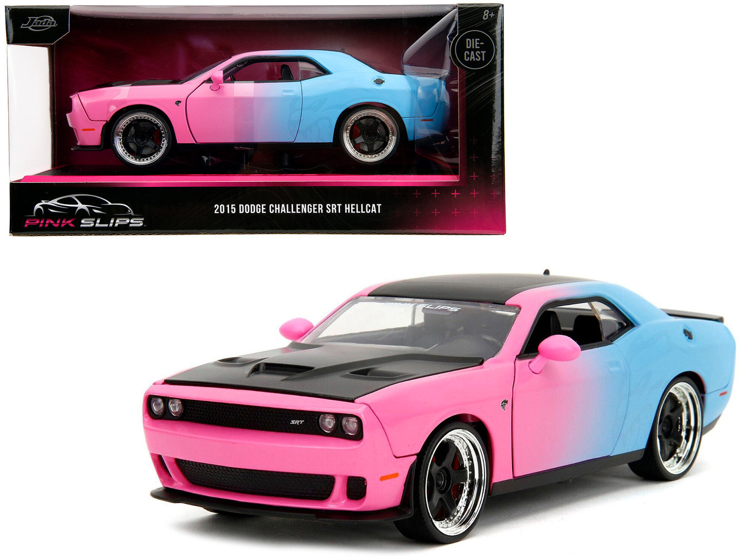 Jada 2015 Dodge Challenger SRT Hellcat Pink and Blue Gradient with Matt Black Hood and Top "Pink Slips" Series 1/24 Diecast Model Car by Jada