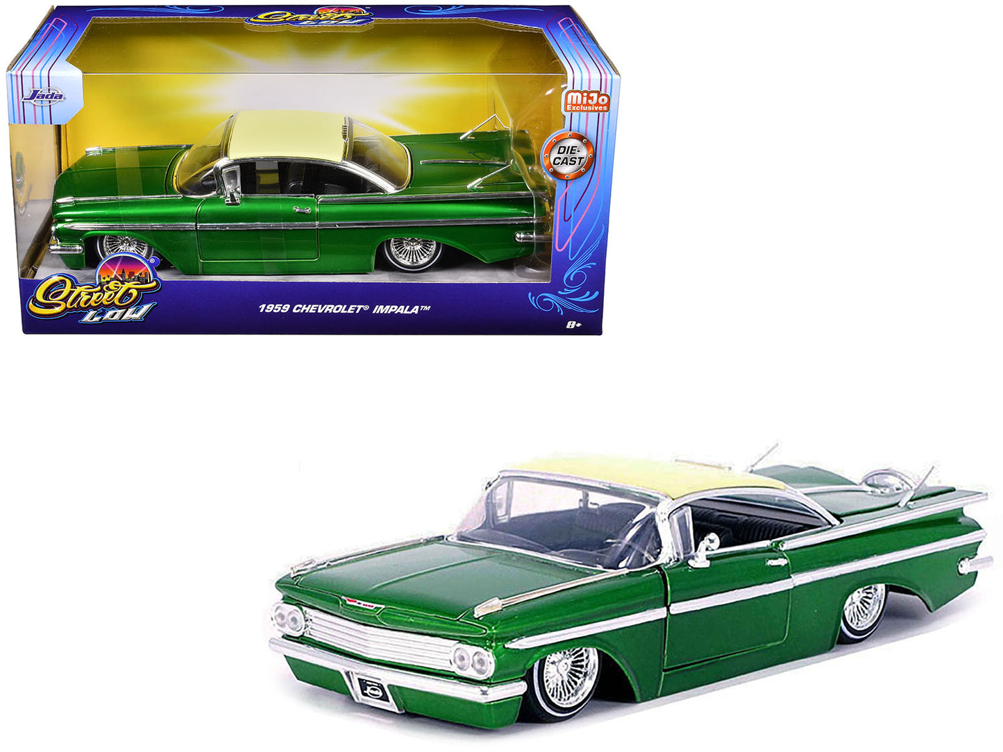 Jada 1959 Chevrolet Impala Lowrider Green Metallic with Cream Top and Wire Wheels "Street Low" Series 1/24 Diecast Model Car by Jada