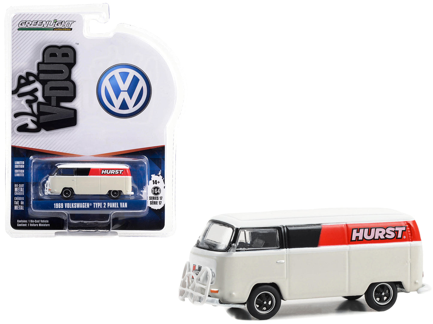 Greenlight 1969 Volkswagen Type 2 Panel Van White with Black and Red Stripes "Hurst Shifters" "Club Vee V-Dub" Series 17 1/64 Diecast Model Car by Greenlight