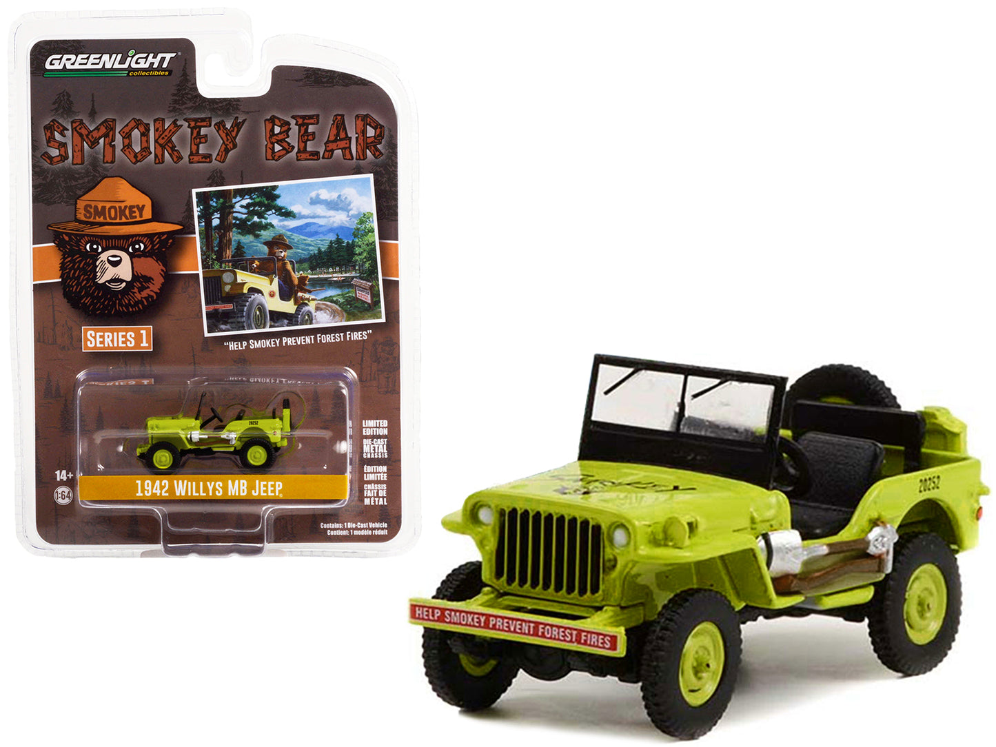 Greenlight 1942 Willys MB Jeep Bright Green "Help Smokey Prevent Forest Fires" "Smokey Bear" Series 1 1/64 Diecast Model Car by Greenlight