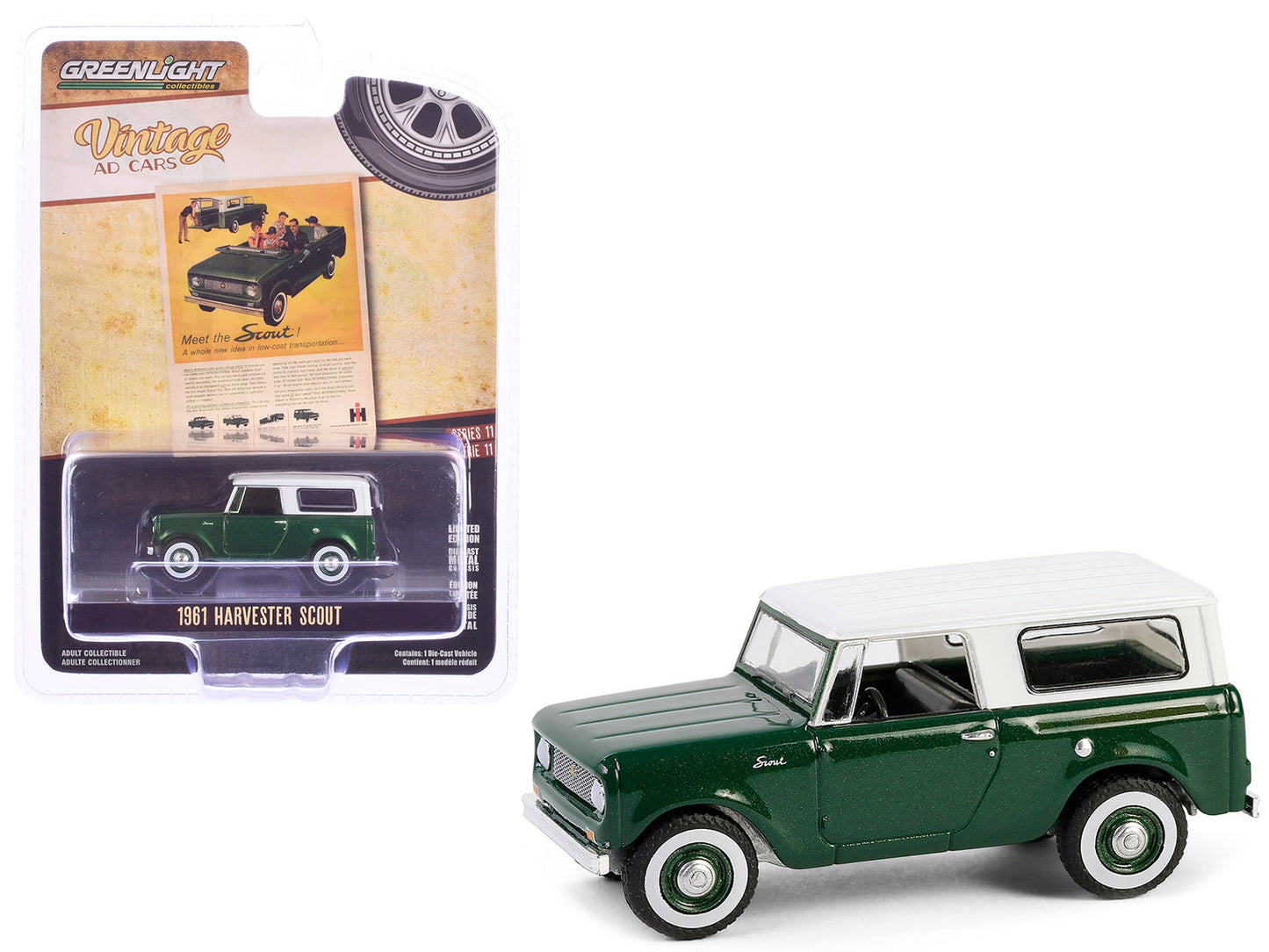 Greenlight 1961 Harvester Scout Green Metallic with White Top "Meet the Scout!" "Vintage Ad Cars" Series 11 1/64 Diecast Model Car by Greenlight
