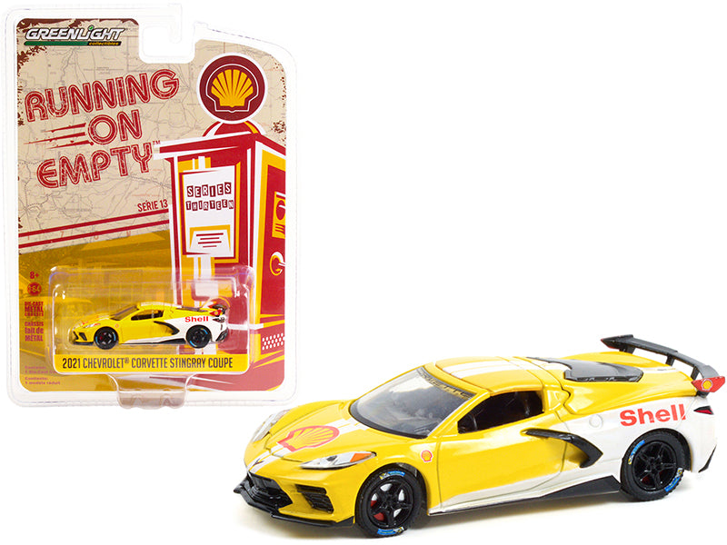 Greenlight 2021 Chevrolet Corvette C8 Stingray Coupe "Shell Oil" Yellow and White "Running on Empty" Series 13 1/64 Diecast Model Car by Greenlight