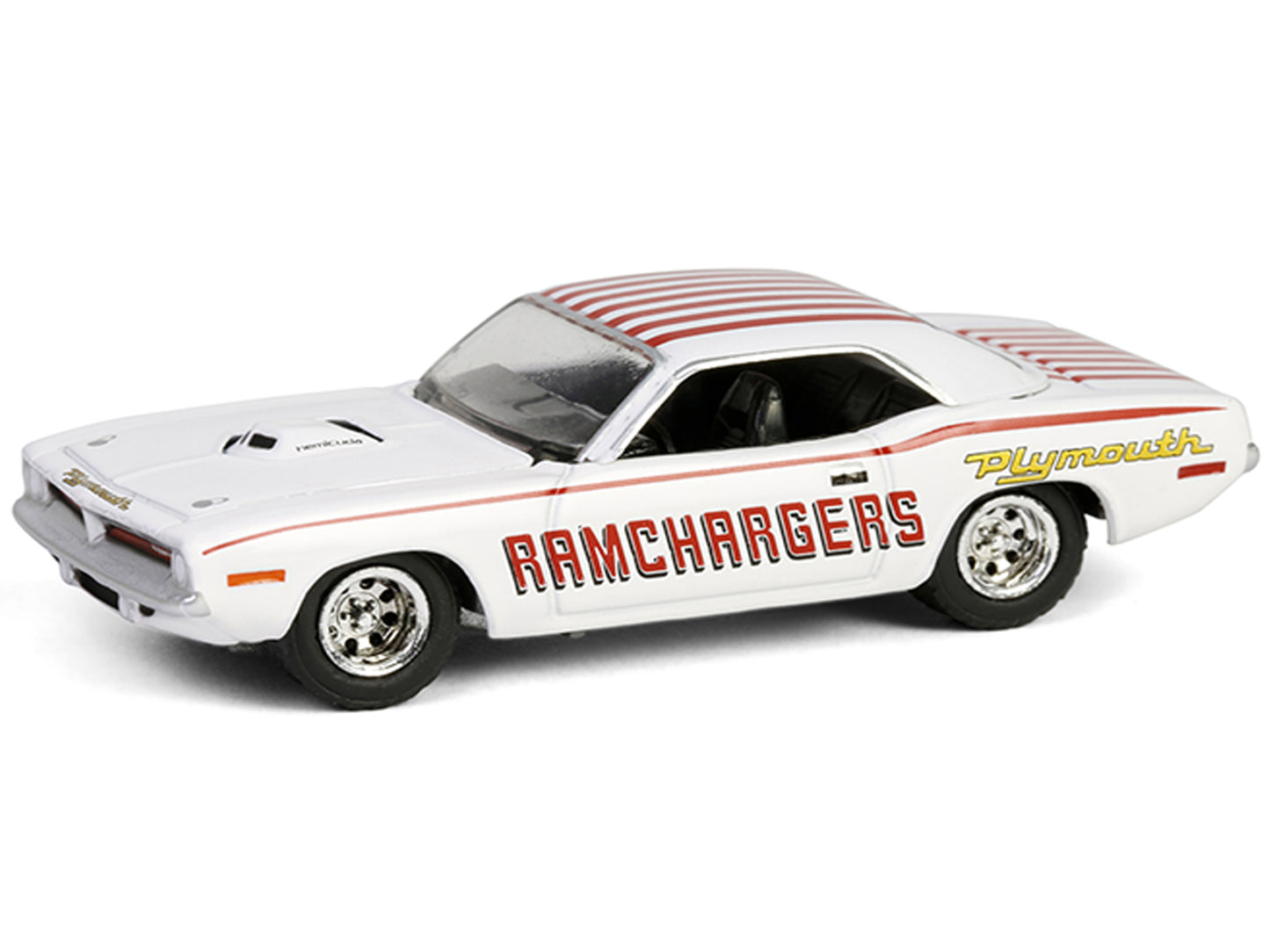 Greenlight 1970 Plymouth Hemi Barracuda "Ramchargers" White with Red Stripes "Running on Empty" Series 17 1/64 Diecast Model Car by Greenlight