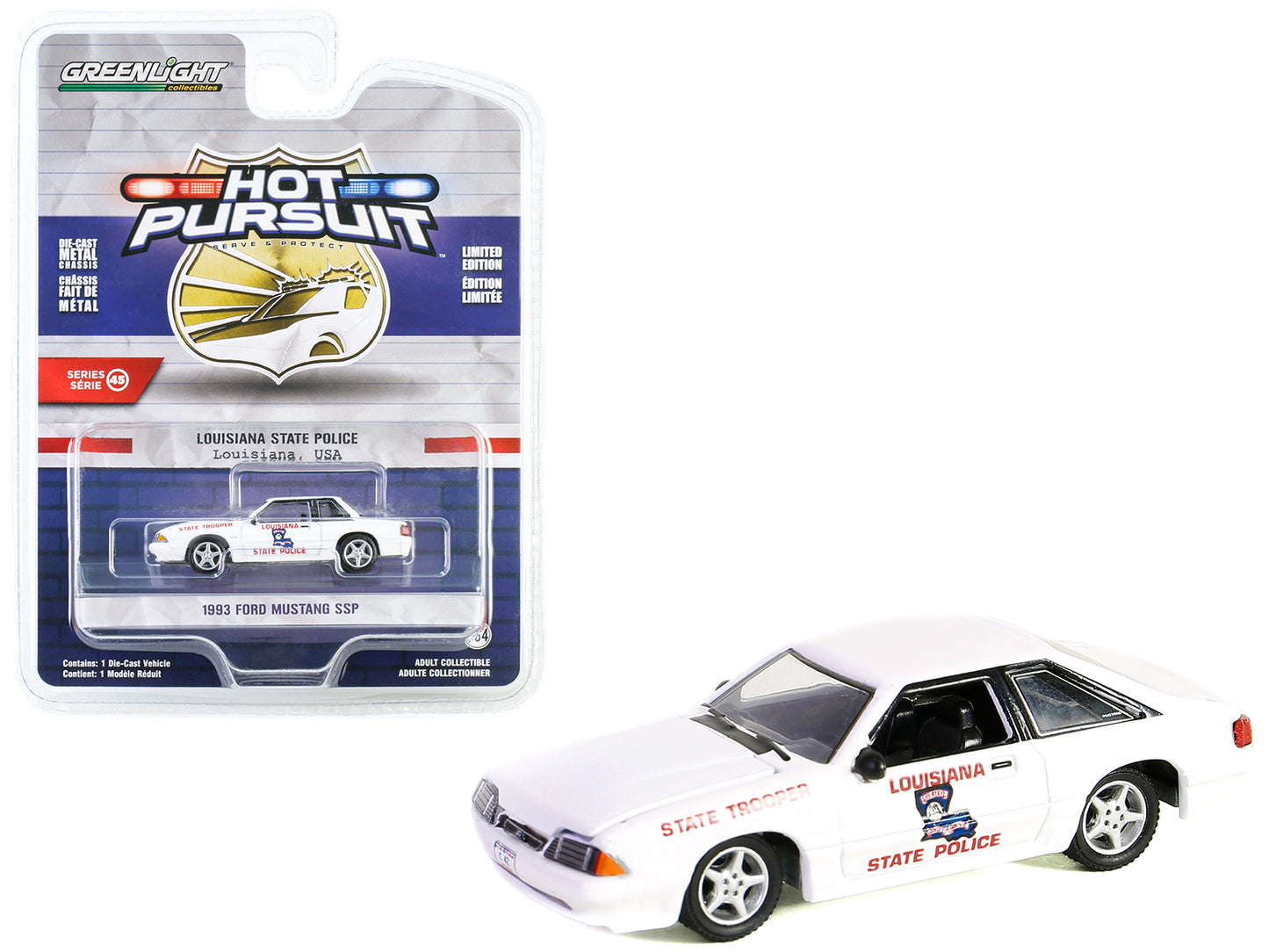 Greenlight 1993 Ford Mustang SSP White "Louisiana State Police State Trooper" "Hot Pursuit" Series 45 1/64 Diecast Model Car by Greenlight