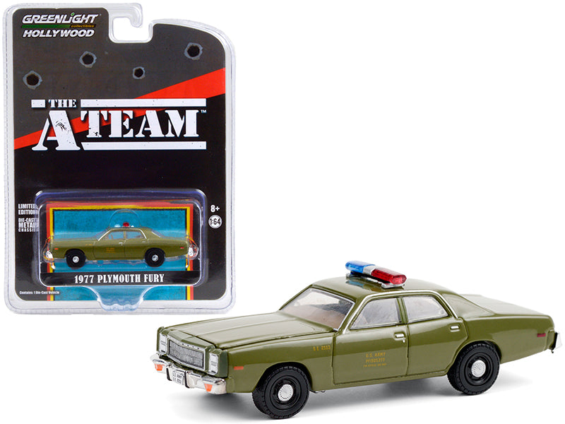 Greenlight 1977 Plymouth Fury "U.S. Army Police" Army Green "The A-Team" (1983-1987) TV Series "Hollywood Special Edition" 1/64 Diecast Model Car by Greenlight