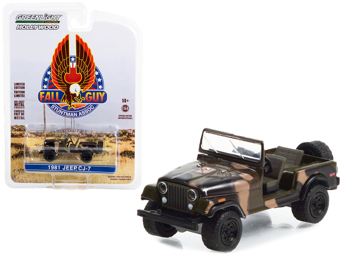Greenlight 1981 Jeep CJ-7 Camouflage "Fall Guy Stuntman Association" Hollywood Special Edition 1/64 Diecast Model Car by Greenlight