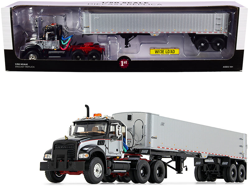 First Gear Mack Granite MP Tandem-Axle Day Cab with East Genesis End Dump Trailer Black and Silver 1/50 Diecast Model by First Gear