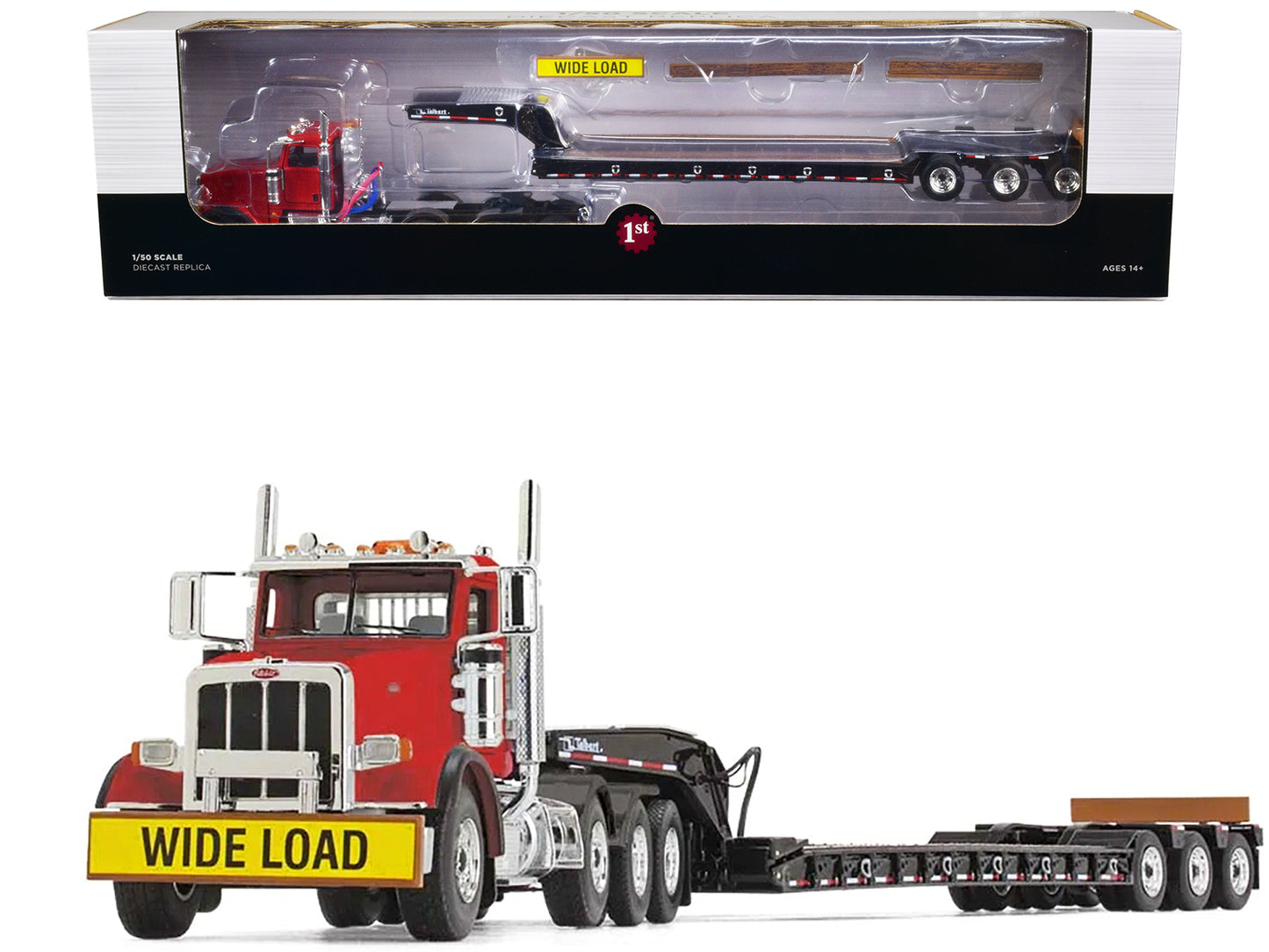 First Gear Peterbilt 367 Day Cab Cola Red and Talbert 55SA Tri-Axle Lowboy Trailer Black 1/50 Diecast Model by First Gear