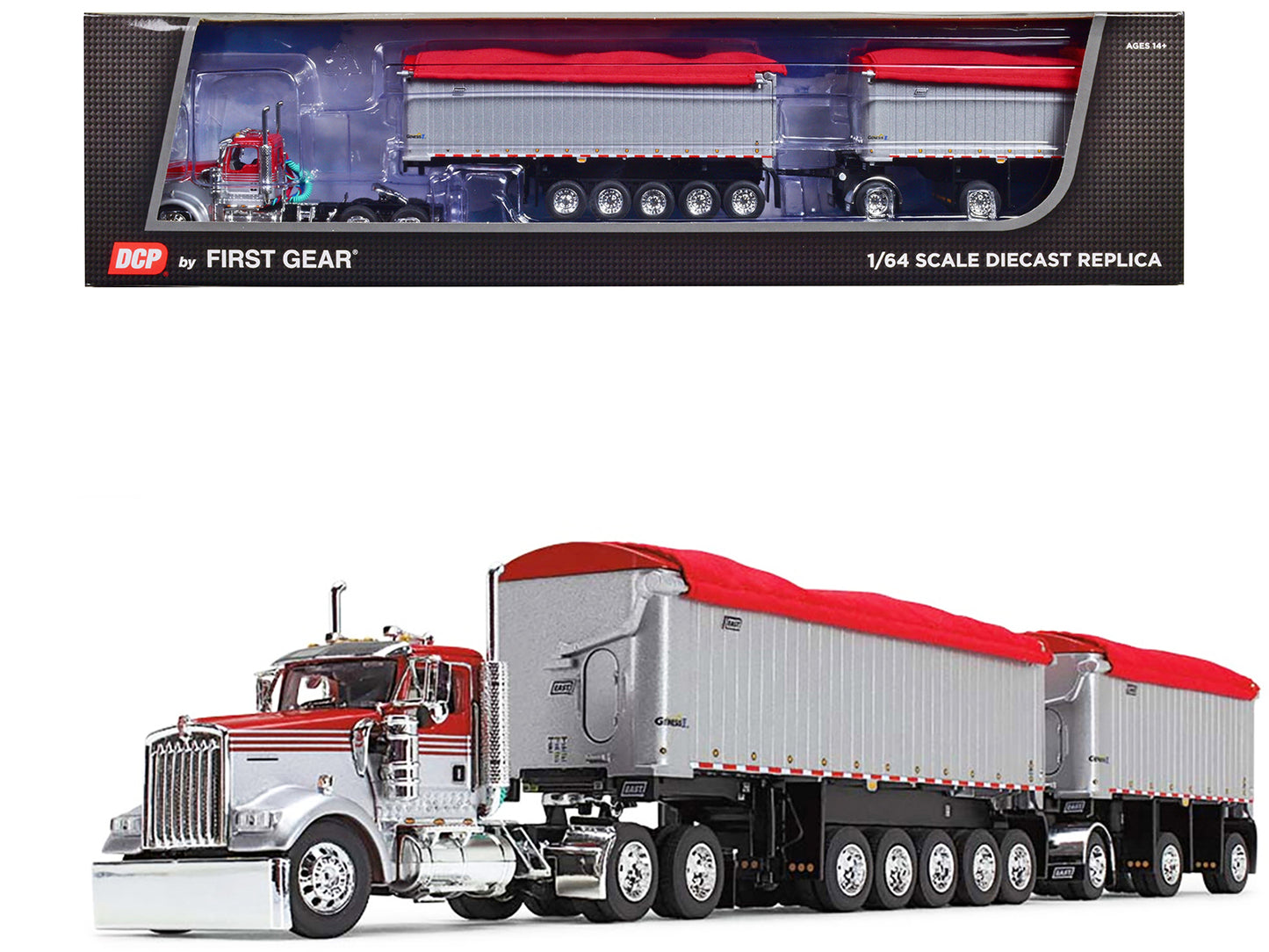 First Gear Kenworth W900L Day Cab and East Michigan Series 31' and 20' End Dump Trailers Viper Red and Silver 1/64 Diecast Model by DCP/First Gear