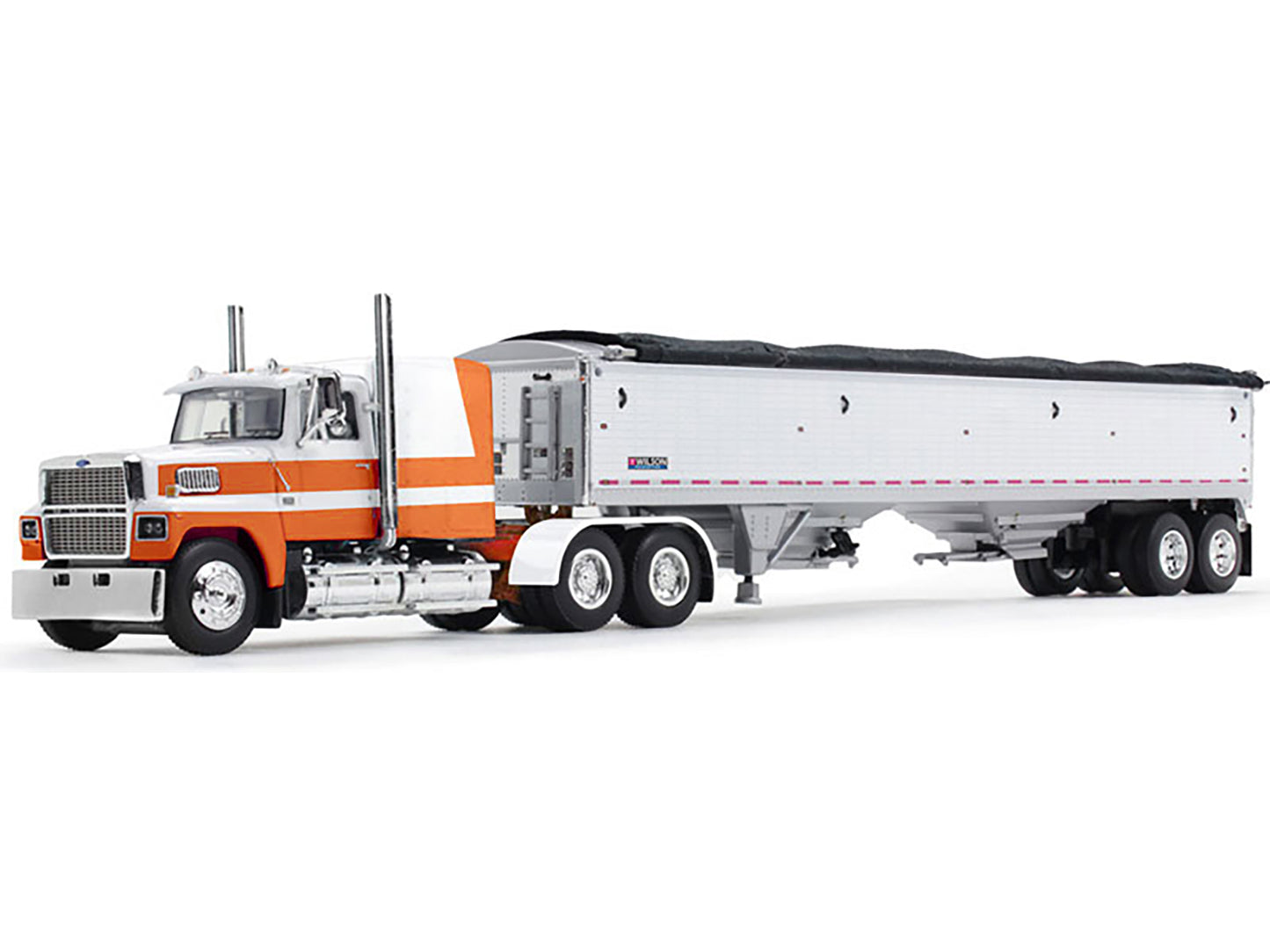 First Gear Ford LTL 9000 60" Aerodyne Sleeper with Wilson Pacesetter Grain Trailer Orange and White 1/64 Diecast Model by DCP/First Gear
