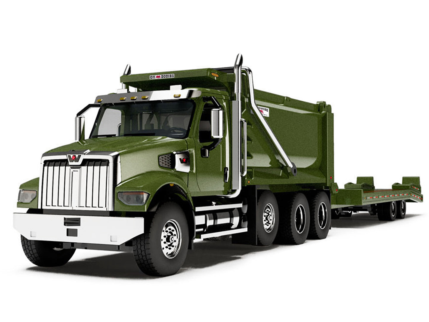 First Gear Western Star 49X Truck with Ox Bodies Dump & Beaver Tail Trailer Green Metallic 1/64 Diecast Model by DCP/First Gear