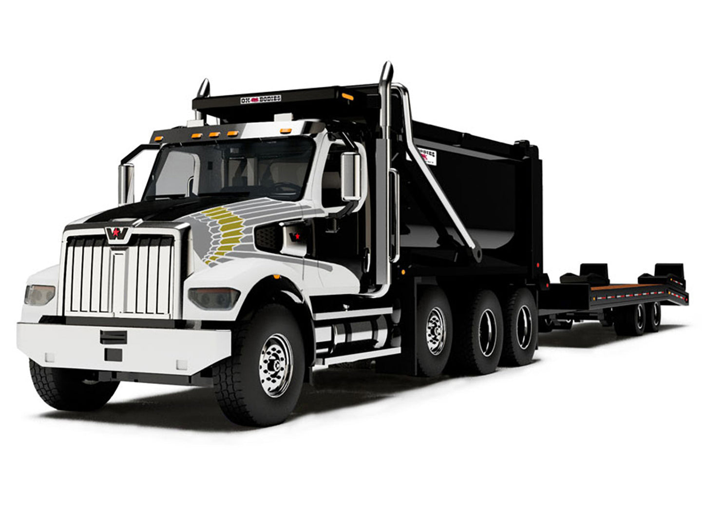 First Gear Western Star 49X Truck with Ox Bodies Dump & Beaver Tail Trailer Black with White Graphics 1/64 Diecast Model by DCP/First Gear