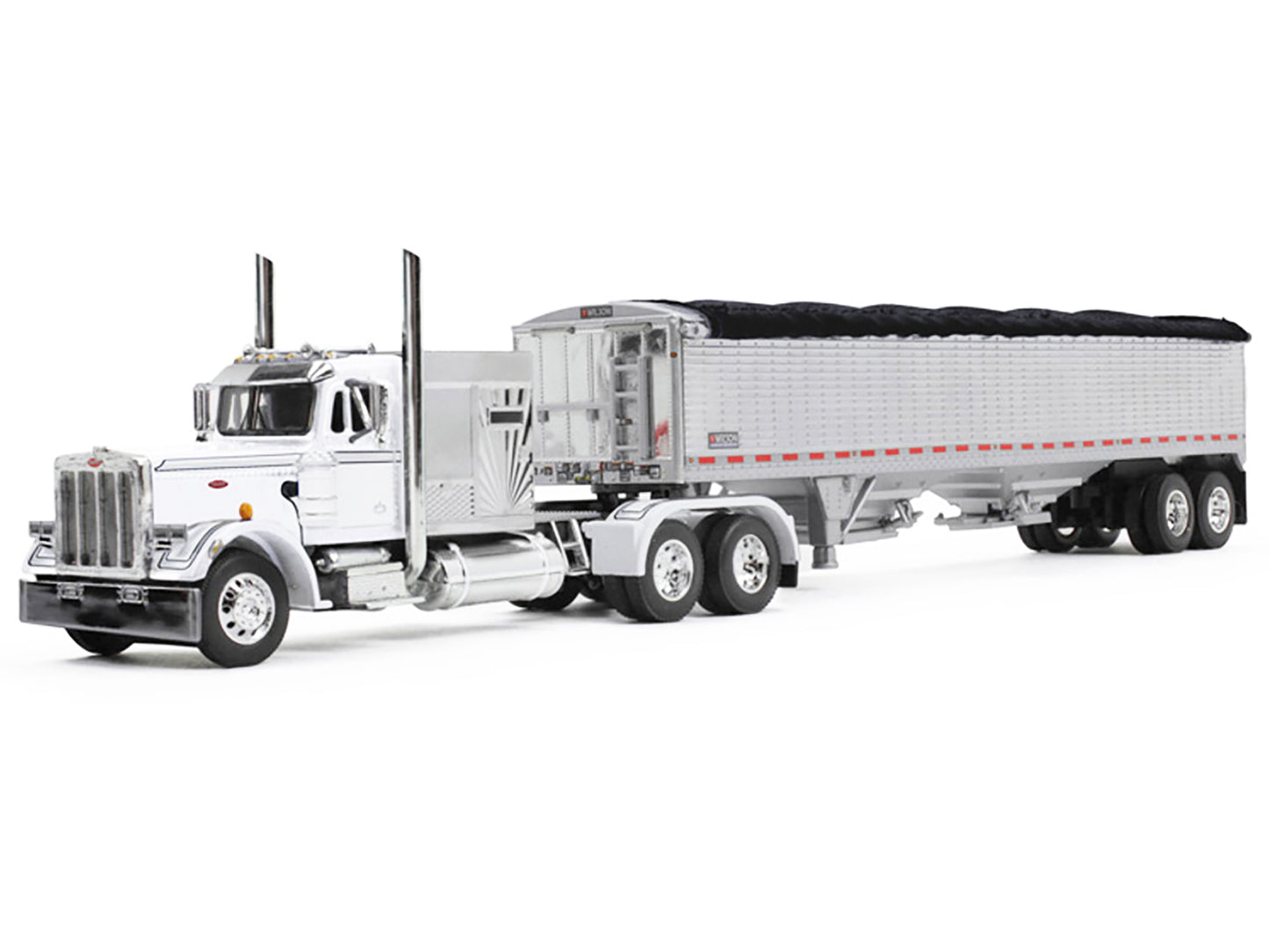 First Gear Peterbilt 359 with 60" Vintage Sleeper and 43' Wilson High Side Grain Trailer White and Chrome 1/64 Diecast Model by DCP/First Gear