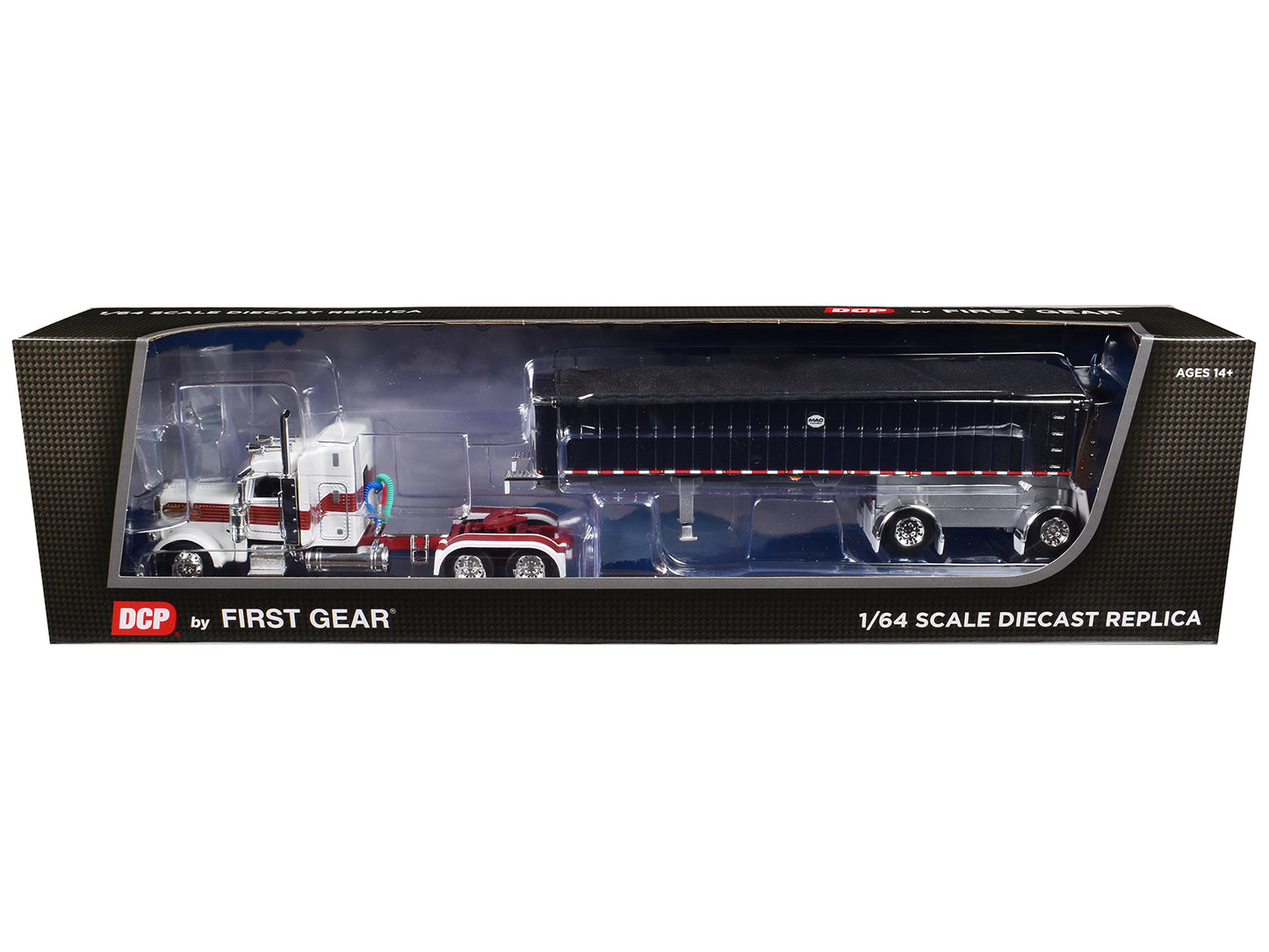 First Gear Peterbilt 389 with 48" Mid-Roof Sleeper and MAC Coal End Dump Trailer White with Red and Gold Stripes 1/64 Diecast Model by DCP/First Gear