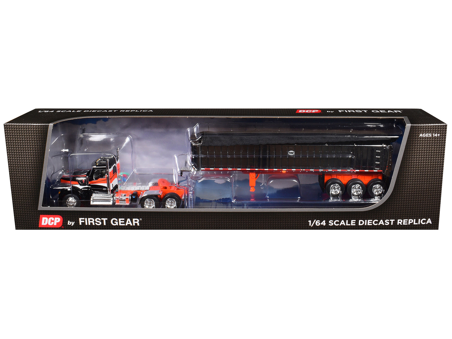 First Gear Kenworth W990 Day Cab and MAC Coal End Dump Trailer Black with Orange Graphics 1/64 Diecast Model by DCP/First Gear