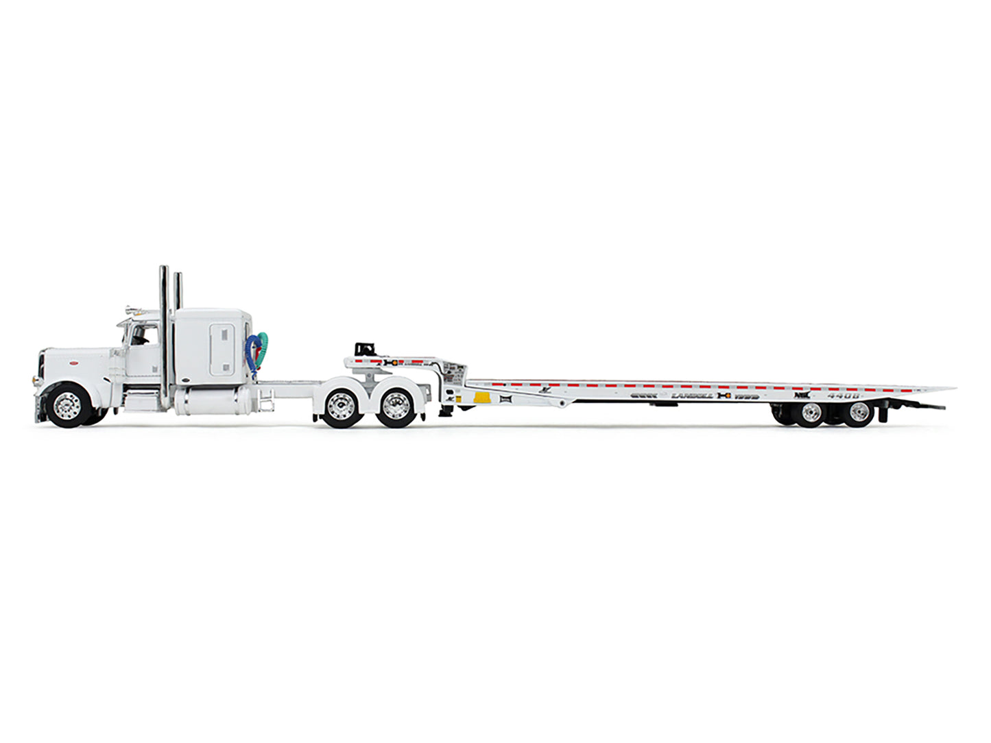 First Gear Peterbilt 389 with 63" Flat Top Sleeper and Landoll 440B50CA Traveling Axle Trailer White 1/64 Diecast Model by DCP/First Gear