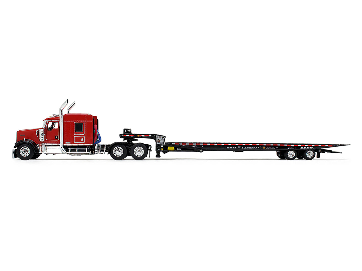 First Gear Kenworth W900L with 72" AeroCab Sleeper and Landoll 440B50CA Traveling Axle Trailer Viper Red and Black 1/64 Diecast Model by DCP/First Gear