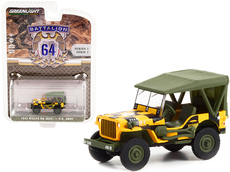 Greenlight 1943 Willys MB Jeep Yellow and Black with Green Top "Follow Me" U.S. Army "Battalion 64" Release 1 1/64 Diecast Model Car by Greenlight