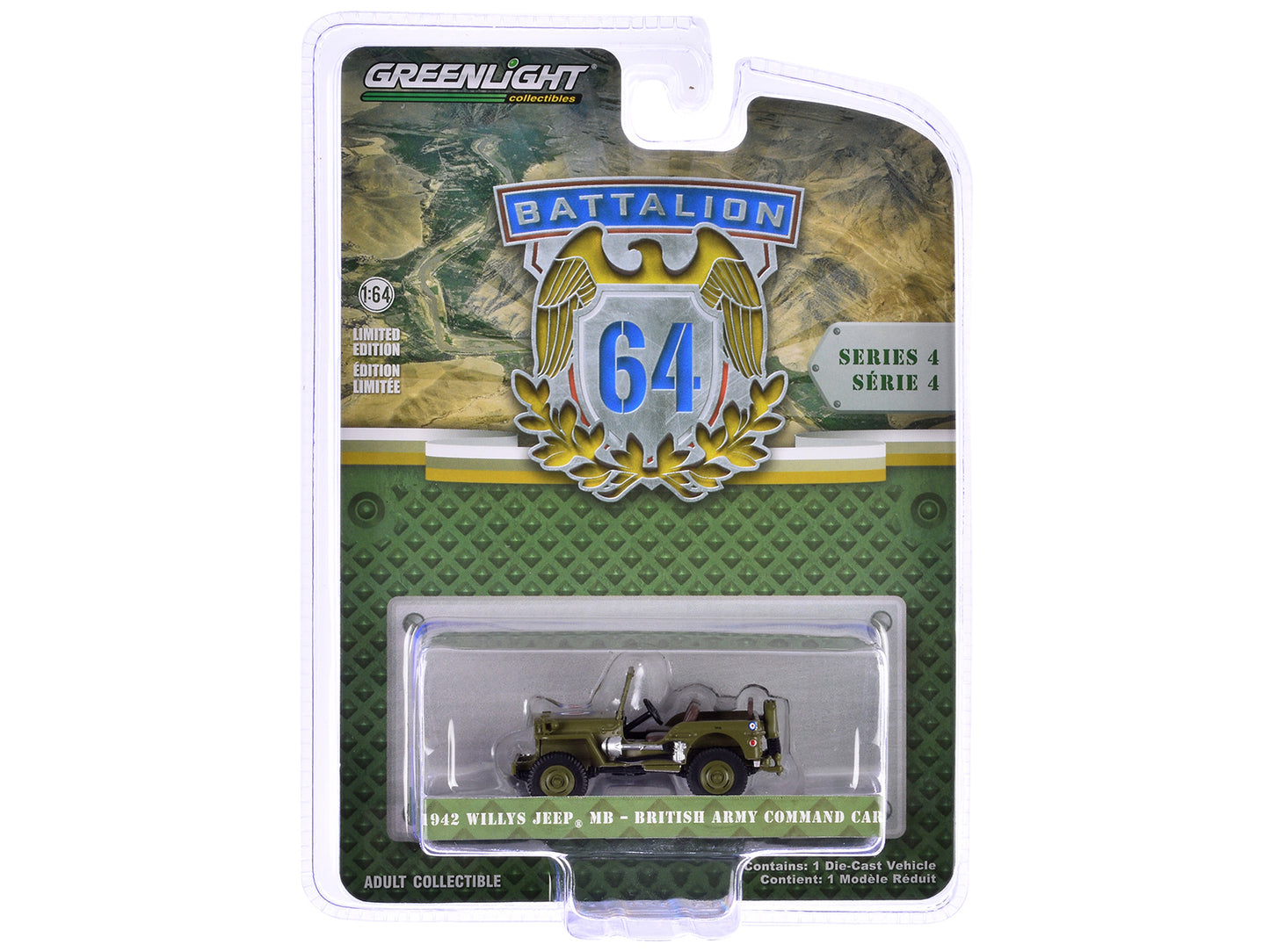 Greenlight 1942 Willys Jeep MB "British Army Command Car" Light Green "Battalion 64" Series 4 1/64 Diecast Model Car by Greenlight