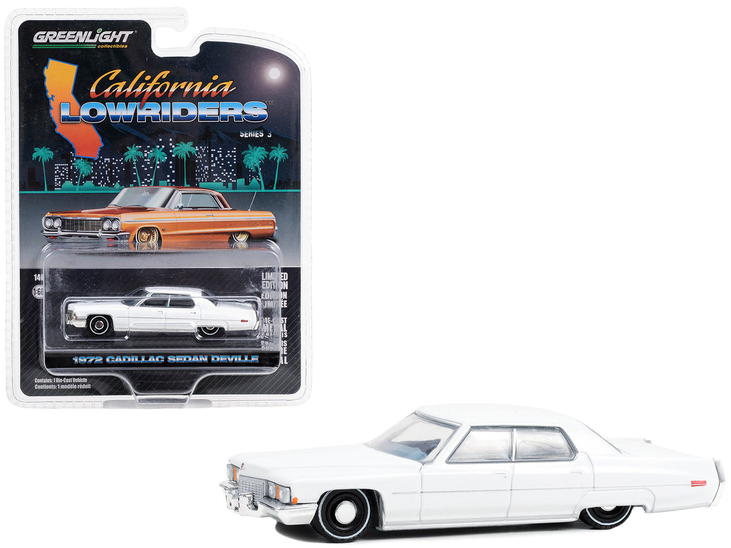 Greenlight 1972 Cadillac Sedan deVille Lowrider Cotillion White with Blue Interior "California Lowriders" Series 3 1/64 Diecast Model Car by Greenlight