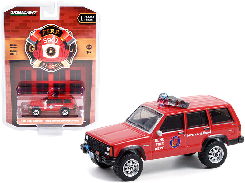 Greenlight 1990 Jeep Cherokee Red "Reno Fire Department" (Nevada) "Fire & Rescue" Series 1 1/64 Diecast Model Car by Greenlight