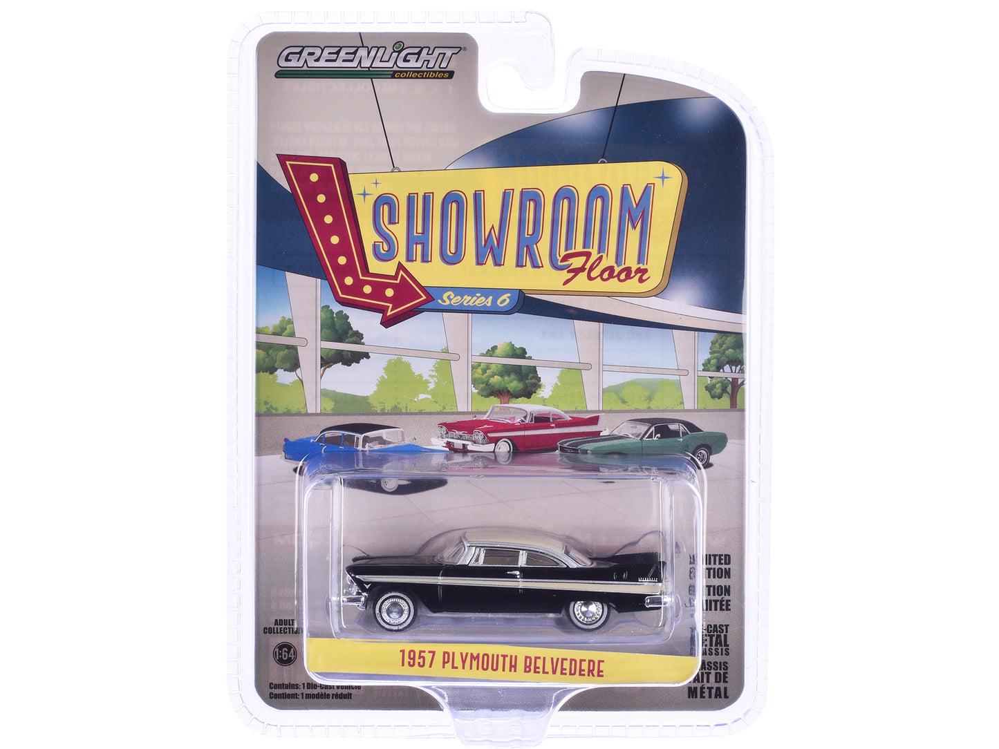 Greenlight 1957 Plymouth Belvedere Jet Black with Sand Dune White Top and Stripes "Showroom Floor" Series 6 1/64 Diecast Model Car by Greenlight