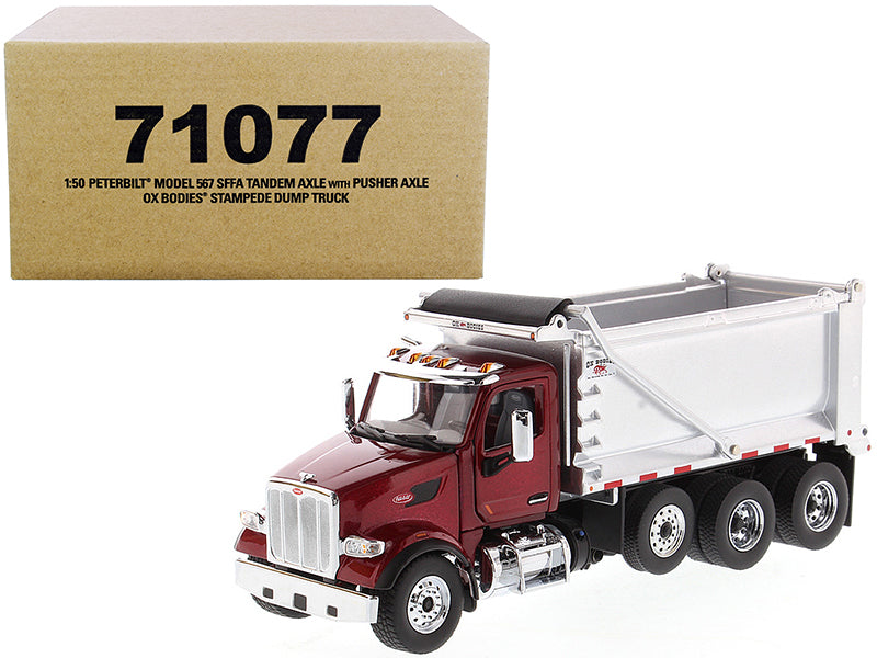 Diecast Masters Peterbilt 567 SFFA Tandem Axle with Pusher Axle OX Stampede Dump Truck Red and Chrome "Transport Series" 1/50 Diecast Model by Diecast Masters